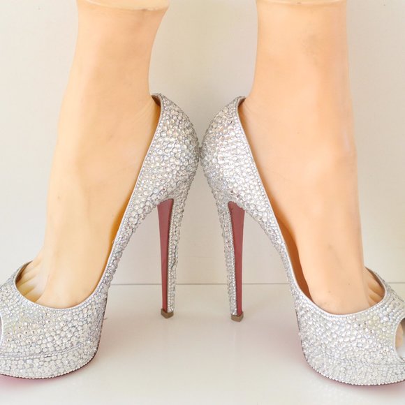 Christian Louboutin White Lady Peep Swarovski Crystal Custom Pumps - Picture 10 of 11